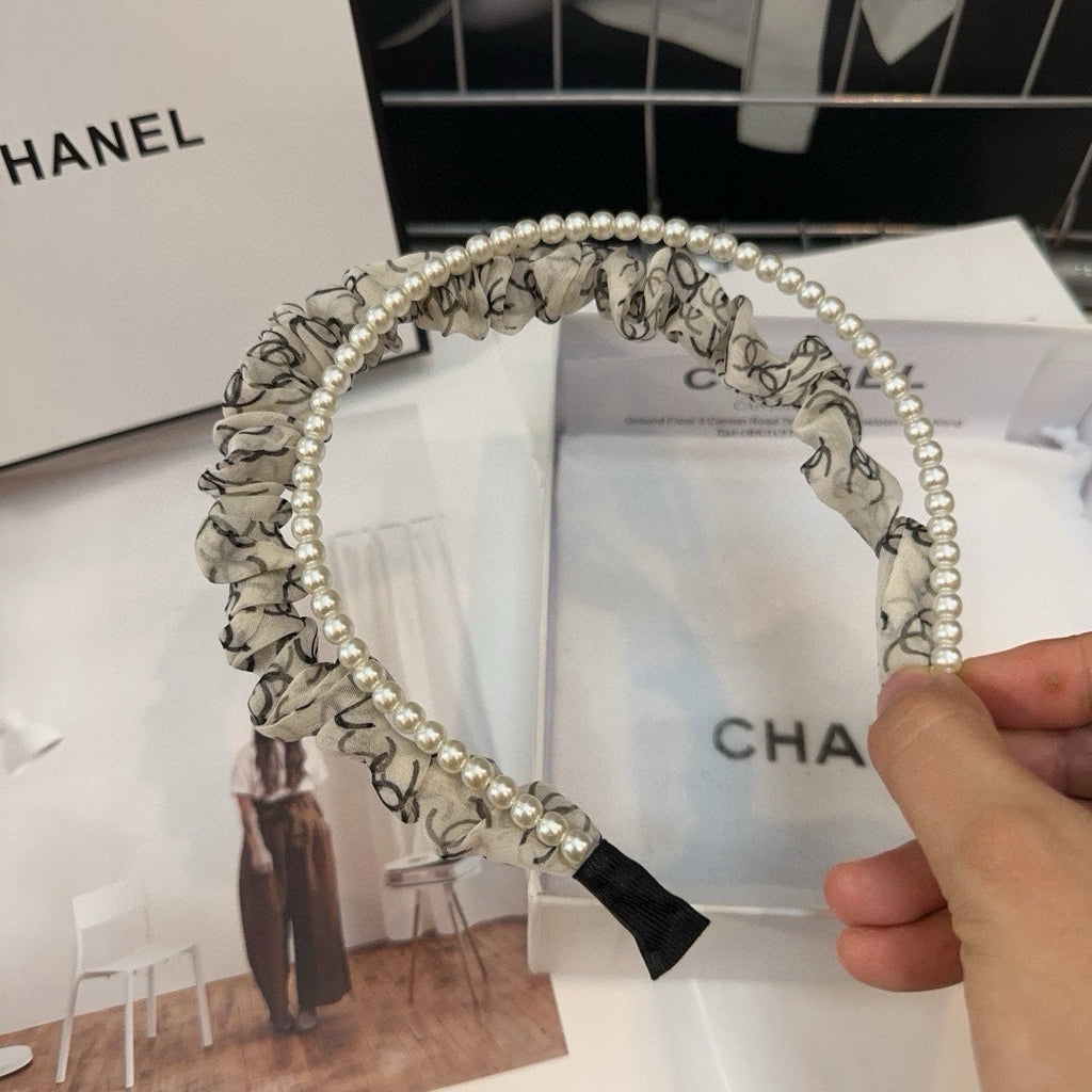 CHANEL COLORFUL VOILE FABRIC WITH PEARL CHAIN HAIRBAND 410874