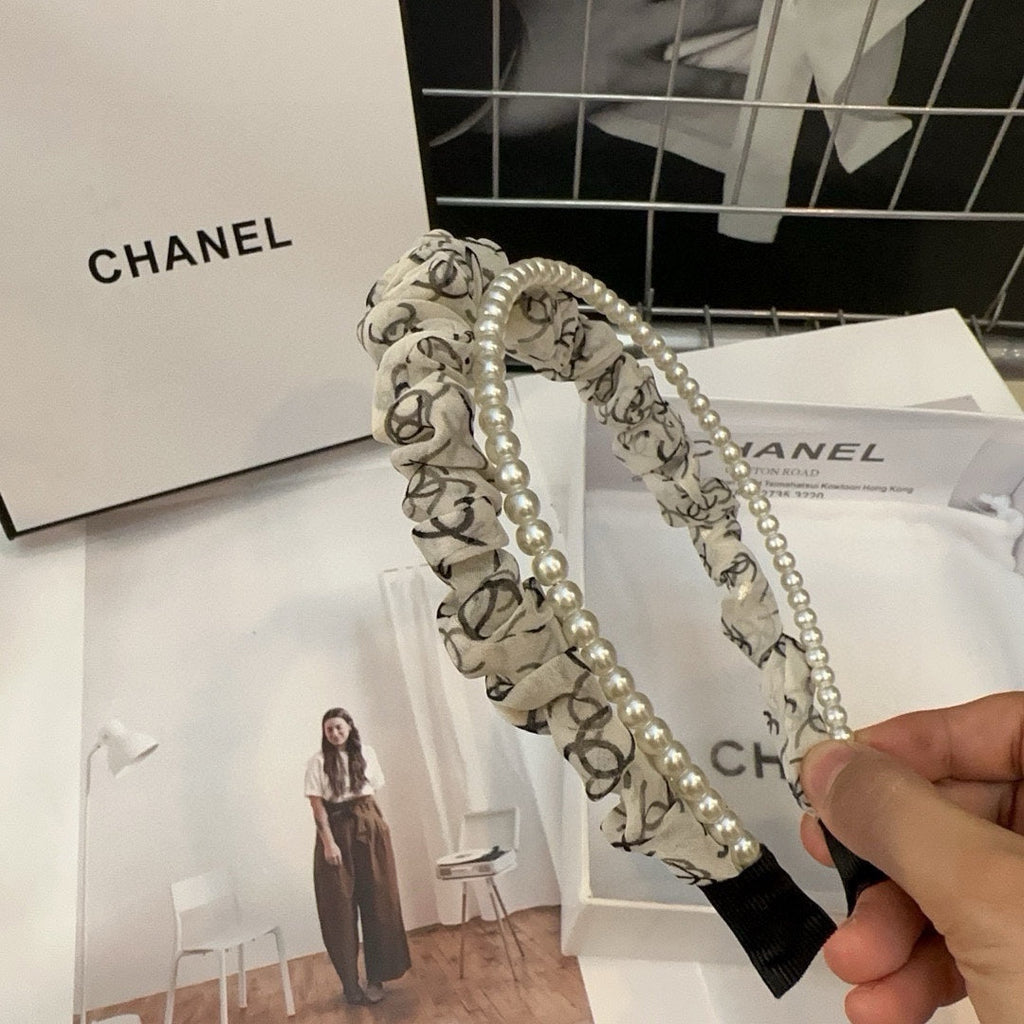 CHANEL COLORFUL VOILE FABRIC WITH PEARL CHAIN HAIRBAND 410874