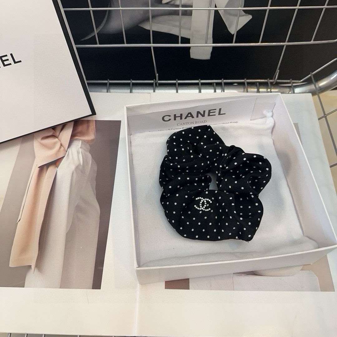 CHANEL BLACK DOT FABRIC SCRUNCHIE 418926