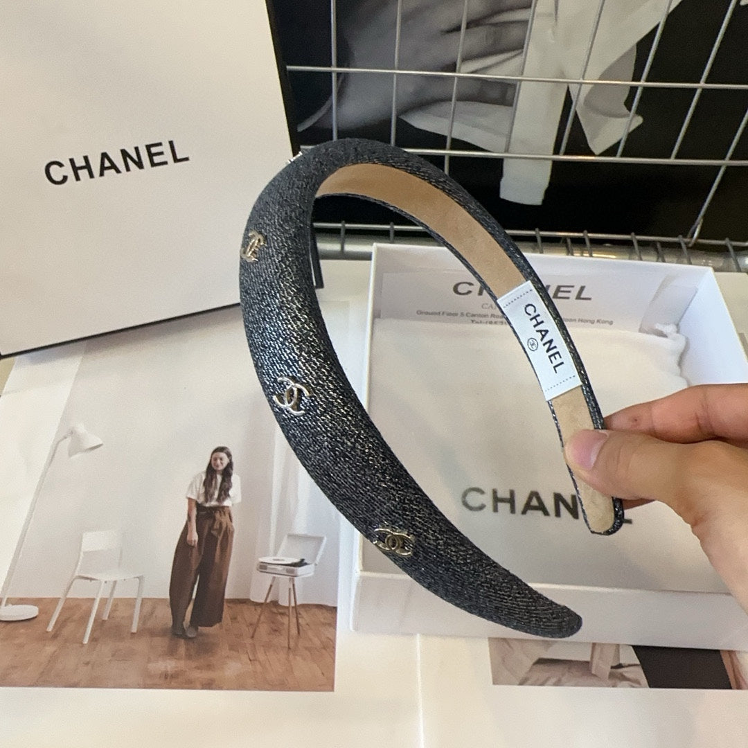 CHANEL BLACK DENIM FABRIC HAIRBAND 423664