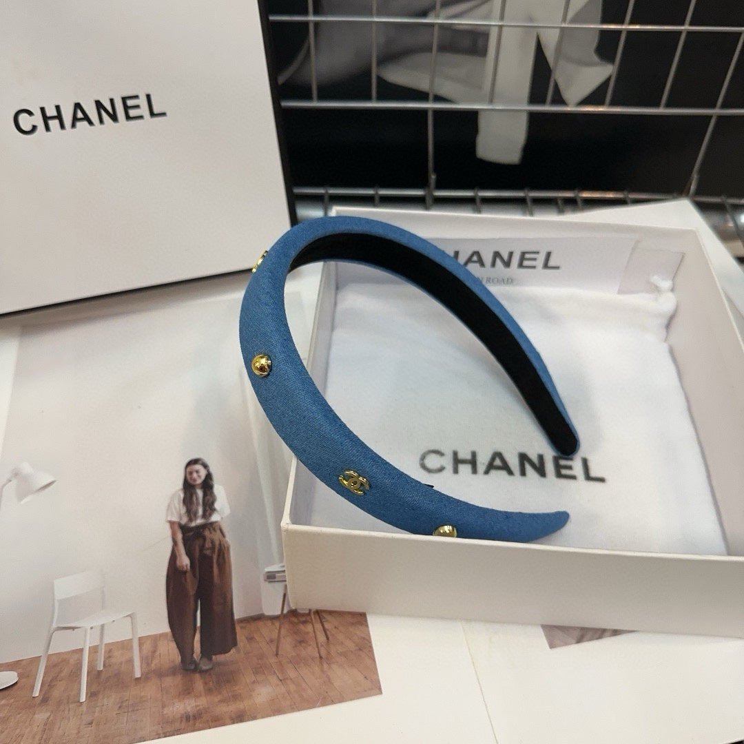 CHANEL CLASSIC BLUE DENIM FABRIC HAIRBAND 432853