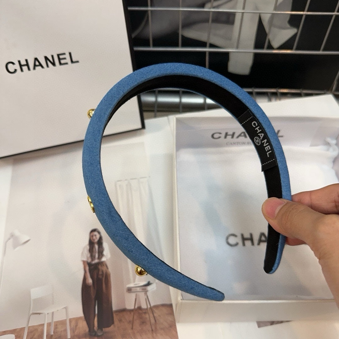 CHANEL CLASSIC BLUE DENIM FABRIC HAIRBAND 432853