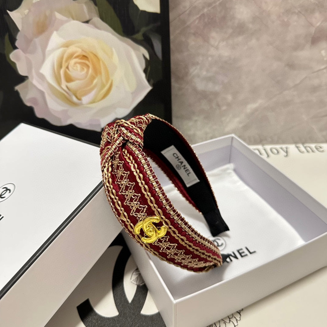CHANEL RUBY RED MIX LIGHT YELLOW FABRIC HEADBAND 168586