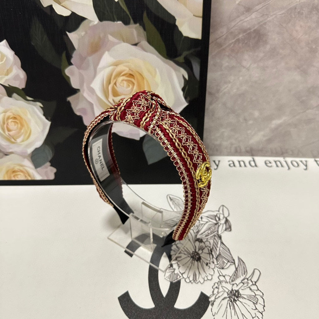 CHANEL RUBY RED MIX LIGHT YELLOW FABRIC HEADBAND 168586