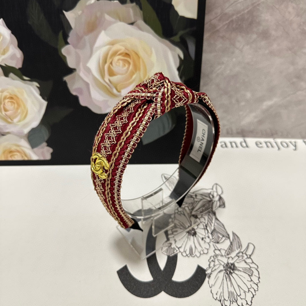 CHANEL RUBY RED MIX LIGHT YELLOW FABRIC HEADBAND 168586