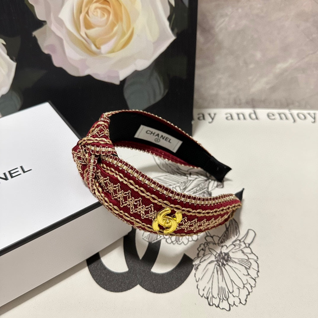 CHANEL RUBY RED MIX LIGHT YELLOW FABRIC HEADBAND 168586