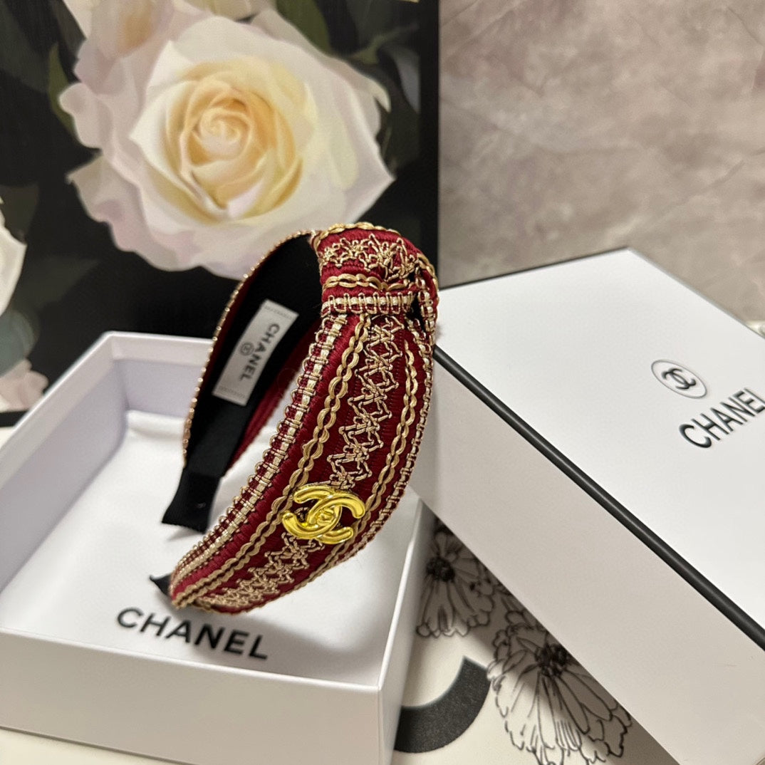 CHANEL RUBY RED MIX LIGHT YELLOW FABRIC HEADBAND 168586