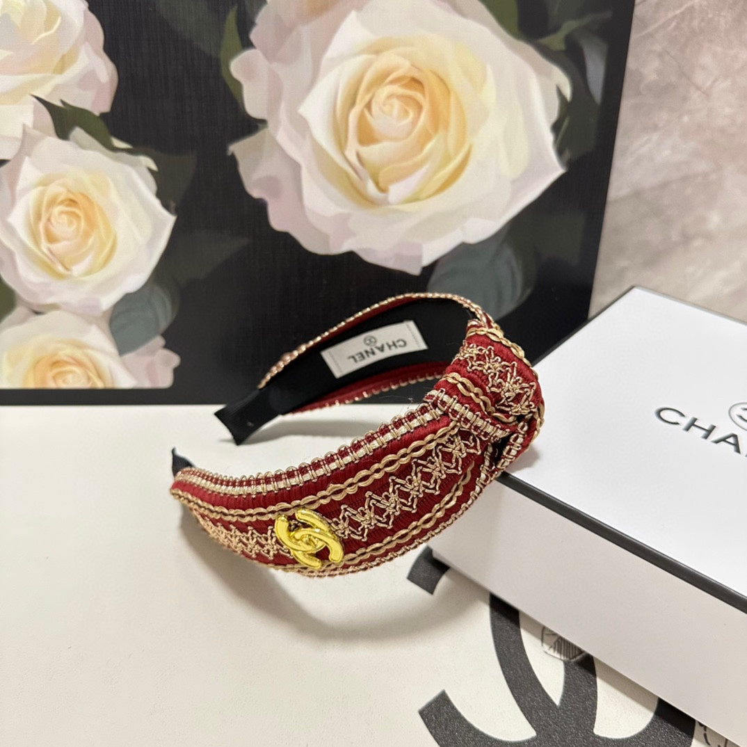 CHANEL RUBY RED MIX LIGHT YELLOW FABRIC HEADBAND 168586