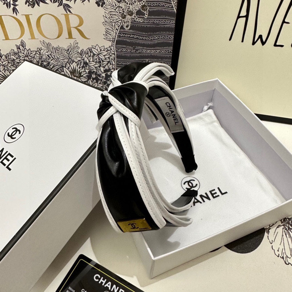 CHANEL BLACK MIX WHITE SILK HAIRBAND 412467