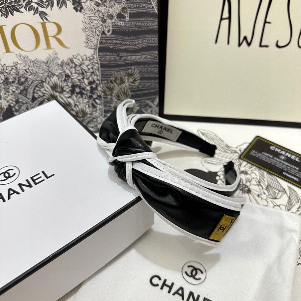 CHANEL BLACK MIX WHITE SILK HAIRBAND 412467
