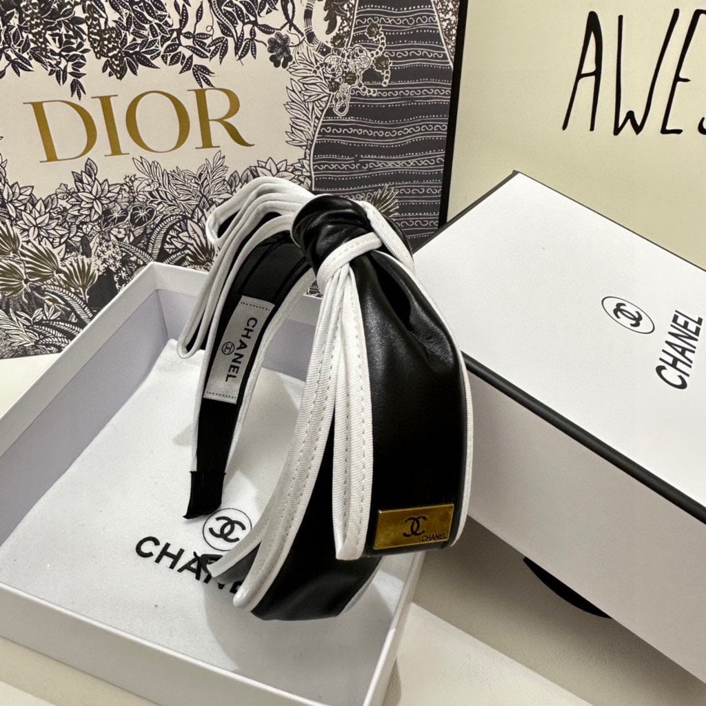 CHANEL BLACK MIX WHITE SILK HAIRBAND 412467