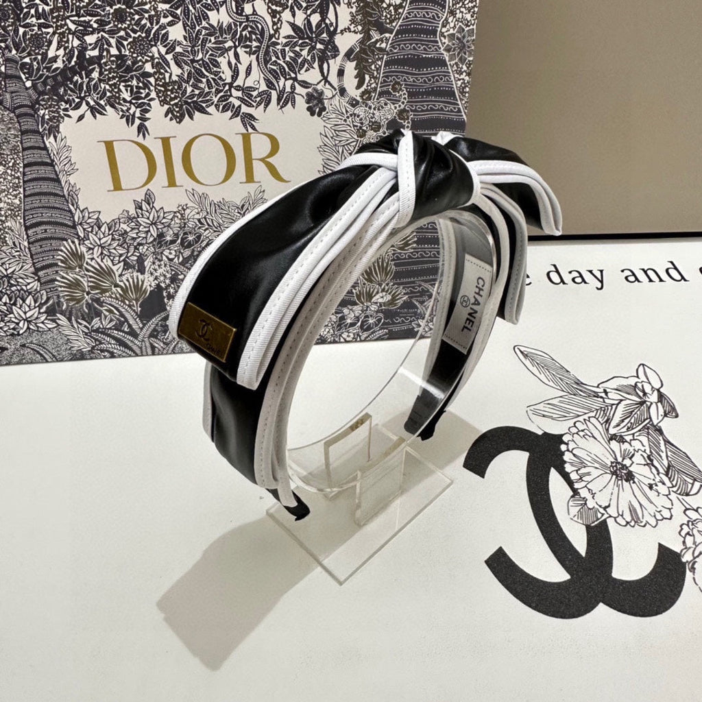 CHANEL BLACK MIX WHITE SILK HAIRBAND 412467