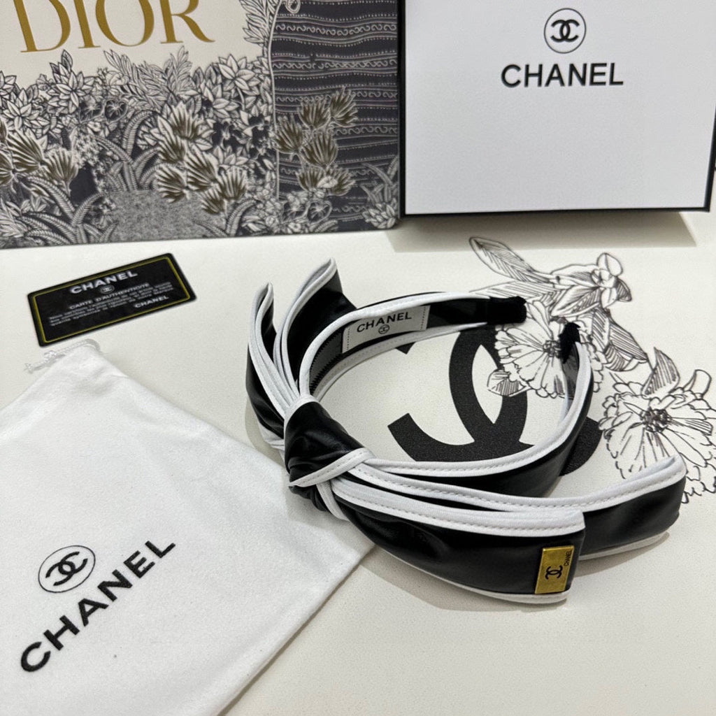 CHANEL BLACK MIX WHITE SILK HAIRBAND 412467