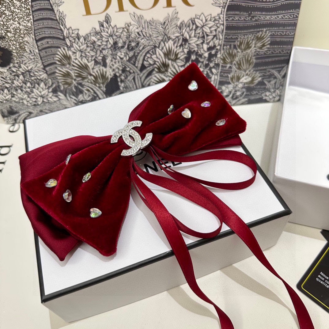 CHANEL CRIMSON RED VELVET HAIR CLIP WITH BOW AND CRYSTAL 412470