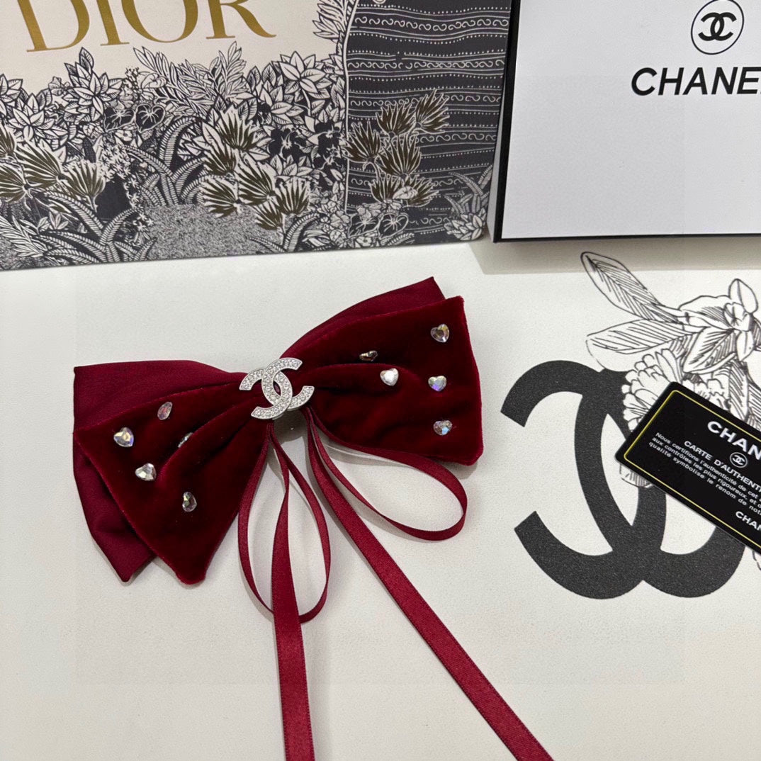CHANEL CRIMSON RED VELVET HAIR CLIP WITH BOW AND CRYSTAL 412470