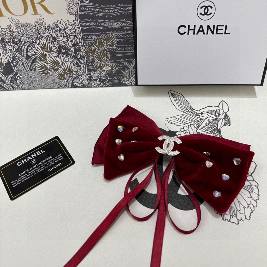 CHANEL CRIMSON RED VELVET HAIR CLIP WITH BOW AND CRYSTAL 412470