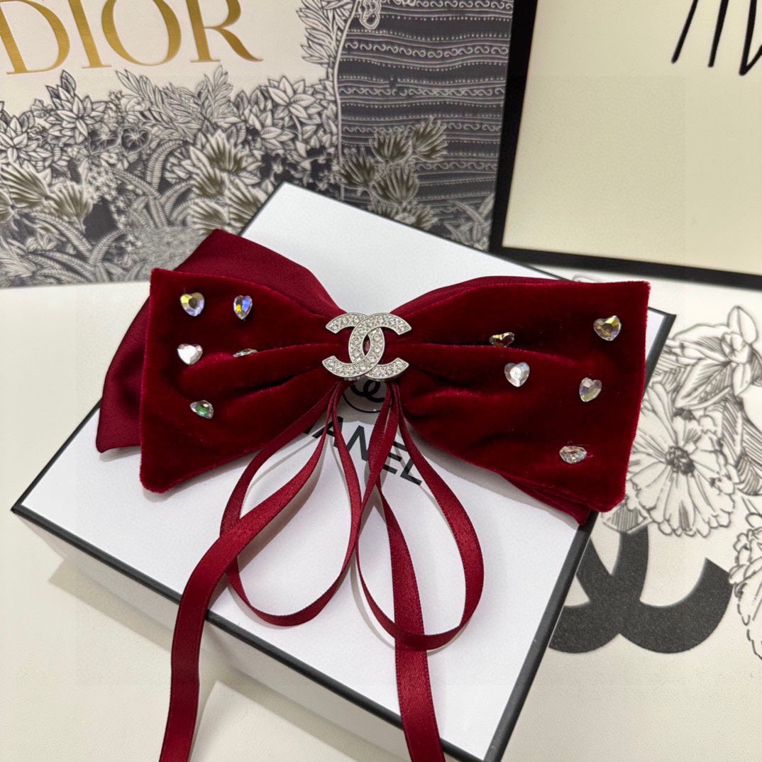CHANEL CRIMSON RED VELVET HAIR CLIP WITH BOW AND CRYSTAL 412470
