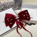 CHANEL CRIMSON RED VELVET HAIR CLIP WITH BOW AND CRYSTAL 412470