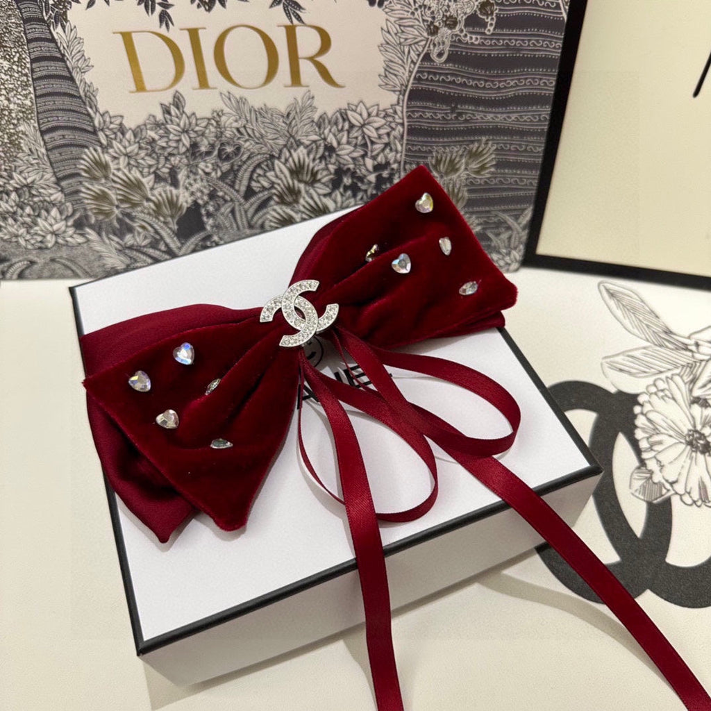 CHANEL CRIMSON RED VELVET HAIR CLIP WITH BOW AND CRYSTAL 412470