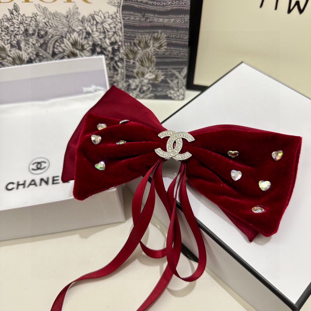 CHANEL CRIMSON RED VELVET HAIR CLIP WITH BOW AND CRYSTAL 412470