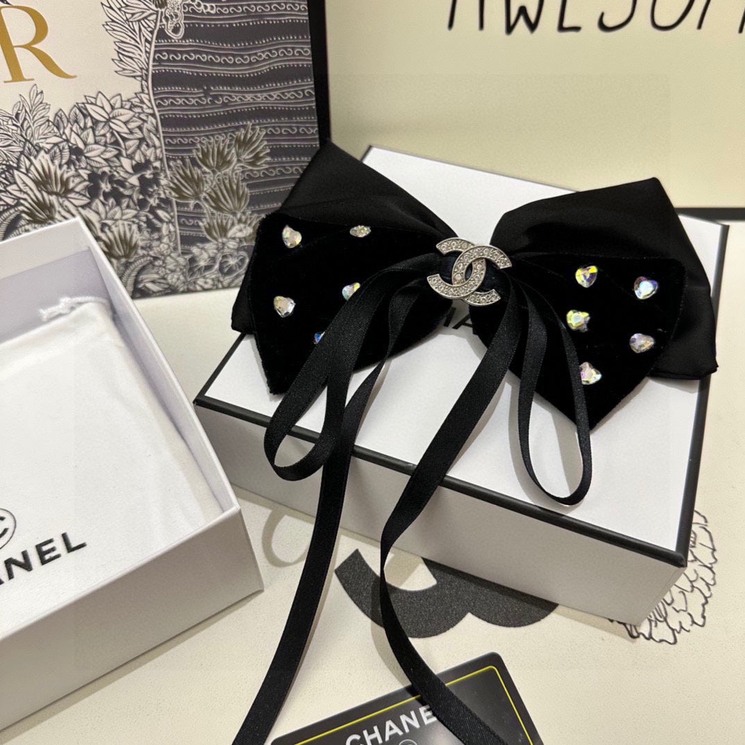 CHANEL BLACK VELVET HAIR CLIP WITH BOW AND CRYSTAL 412471