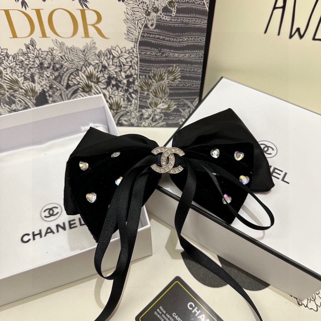 CHANEL BLACK VELVET HAIR CLIP WITH BOW AND CRYSTAL 412471