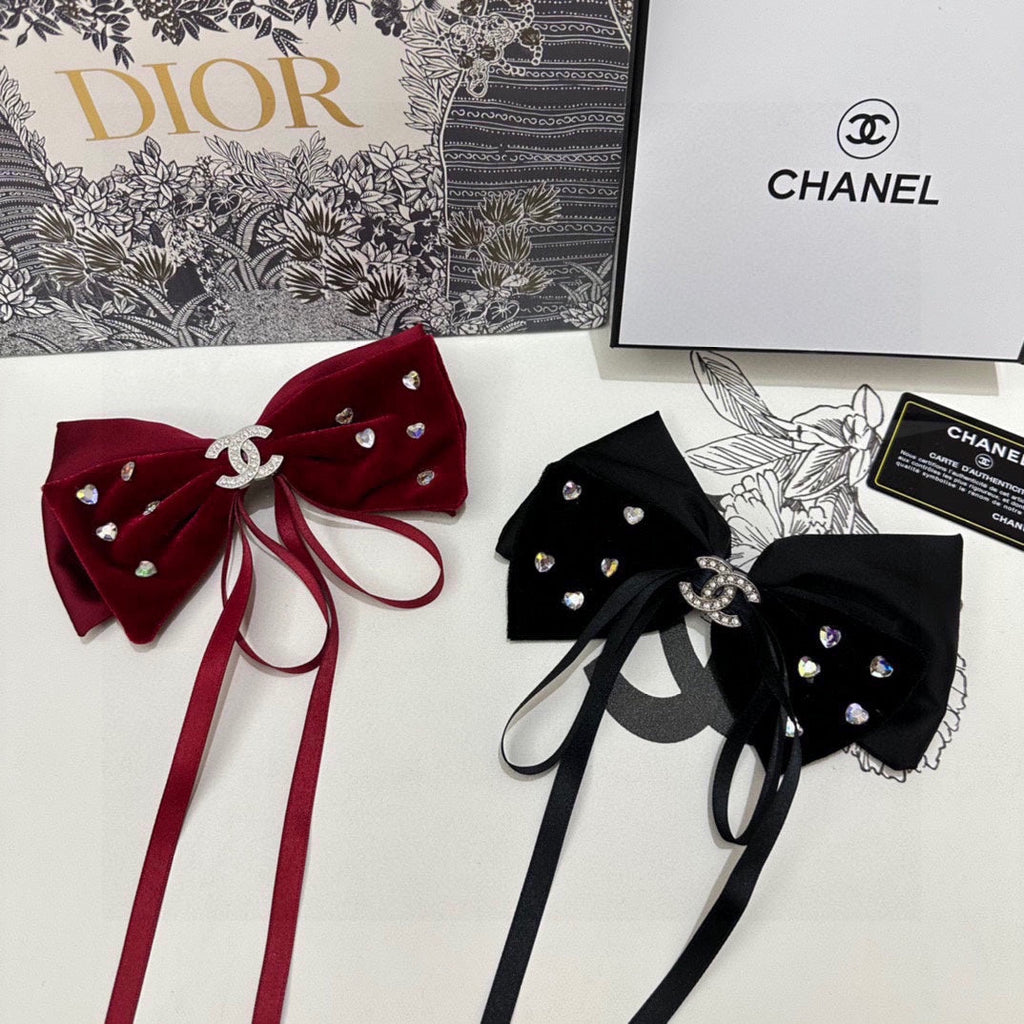 CHANEL BLACK VELVET HAIR CLIP WITH BOW AND CRYSTAL 412471