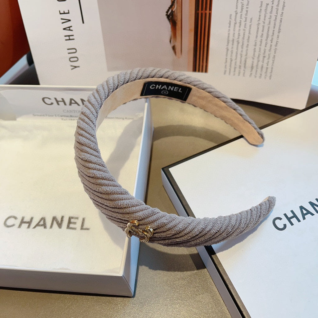 CHANEL KHAKI BROWN FABRIC HAIRBAND WITH GOLD LOGO 414435