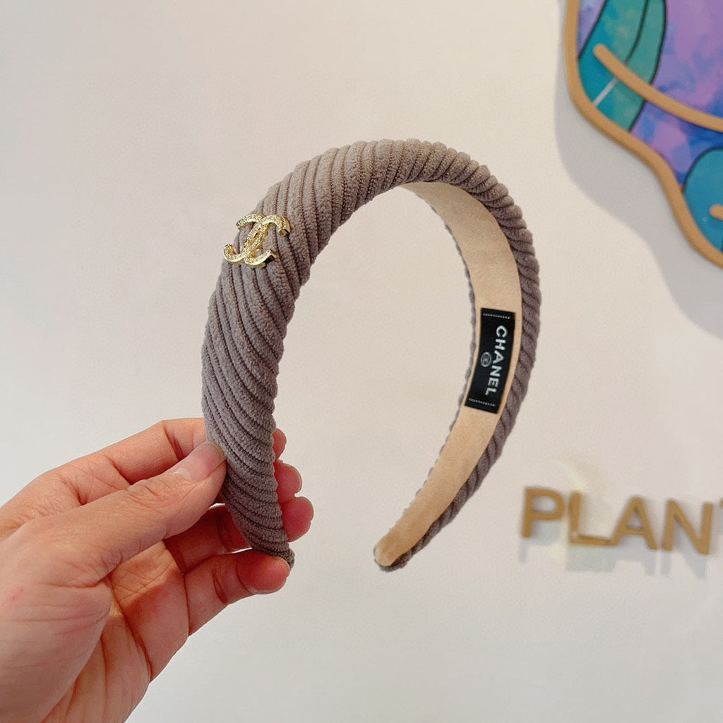 CHANEL KHAKI BROWN FABRIC HAIRBAND WITH GOLD LOGO 414435