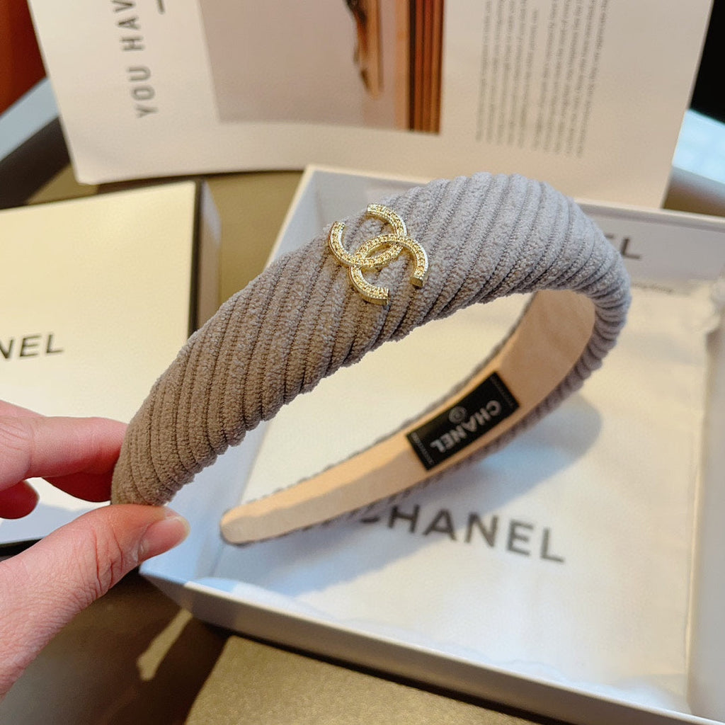 CHANEL KHAKI BROWN FABRIC HAIRBAND WITH GOLD LOGO 414435