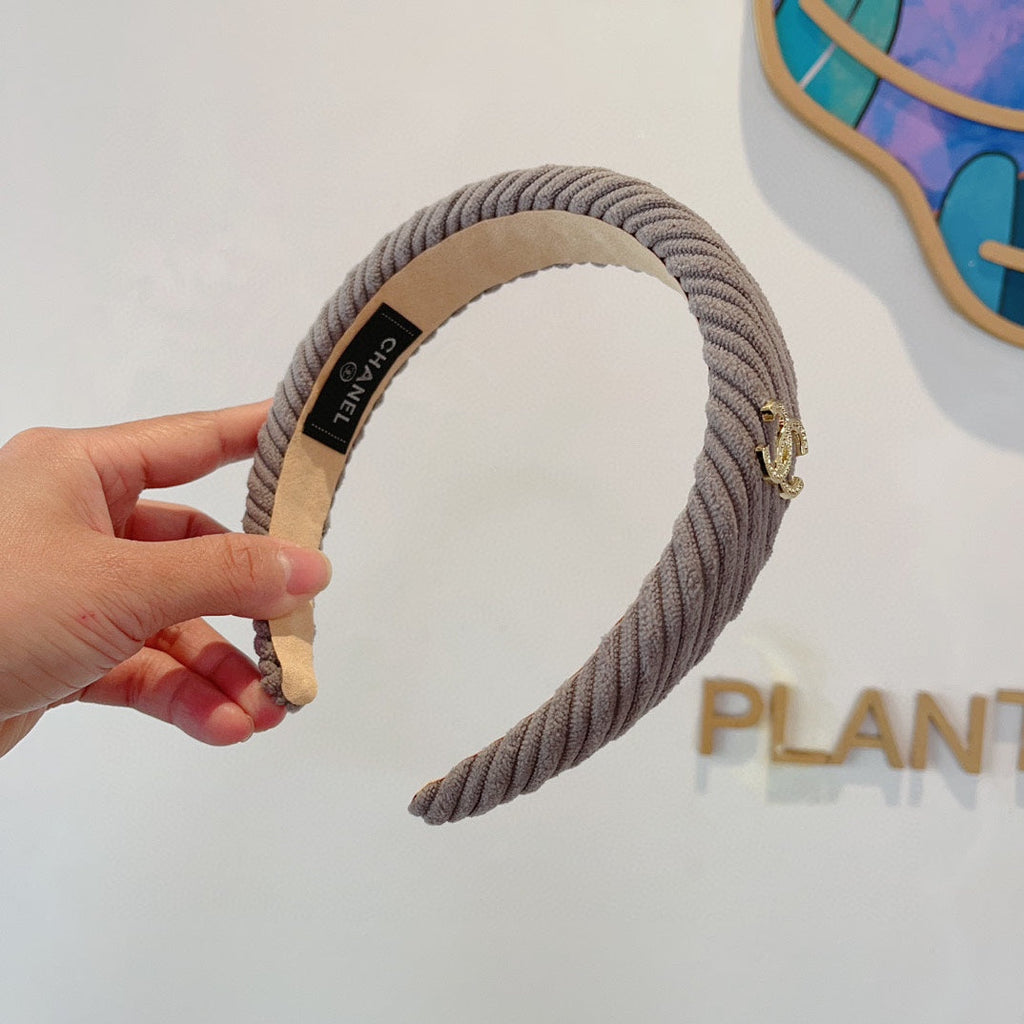 CHANEL KHAKI BROWN FABRIC HAIRBAND WITH GOLD LOGO 414435