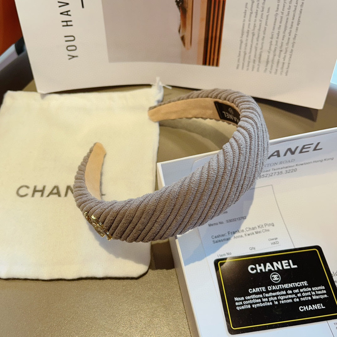 CHANEL KHAKI BROWN FABRIC HAIRBAND WITH GOLD LOGO 414435