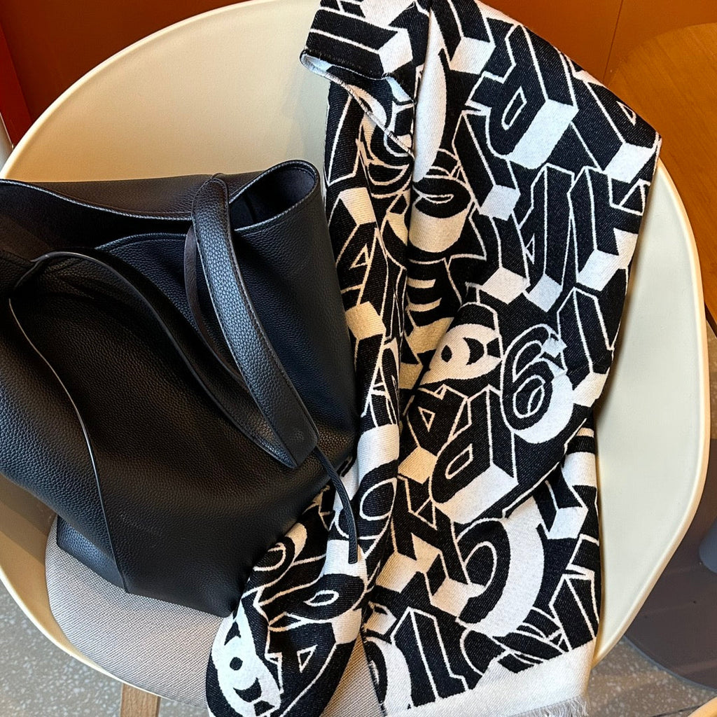 CHANEL LETTER LOGO 178 CM SCARF IN BLACK MIX WHITE SHEEP WOOL AND SILK 393103
