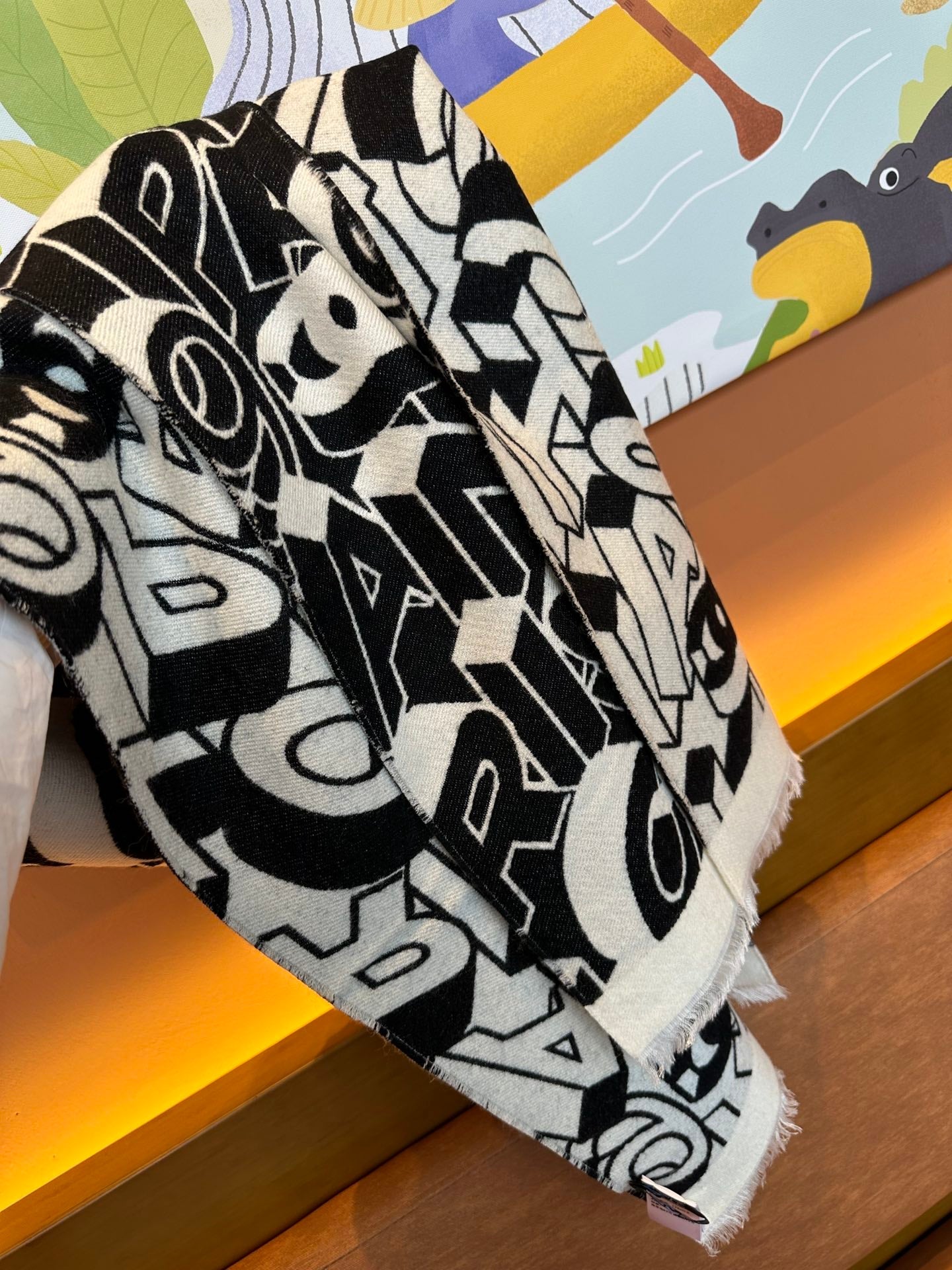 CHANEL LETTER LOGO 178 CM SCARF IN BLACK MIX WHITE SHEEP WOOL AND SILK 393103