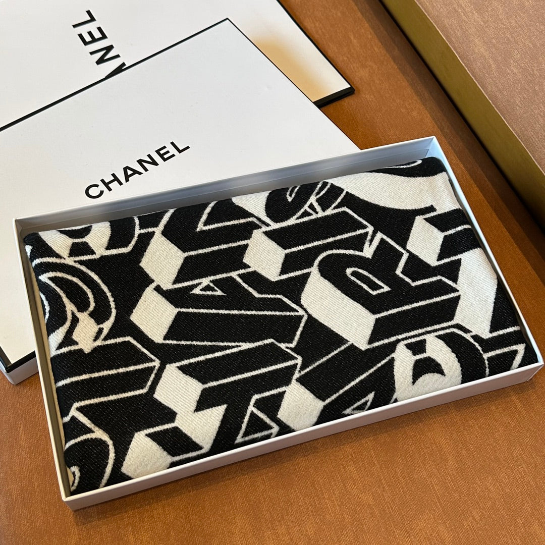 CHANEL LETTER LOGO 178 CM SCARF IN BLACK MIX WHITE SHEEP WOOL AND SILK 393103