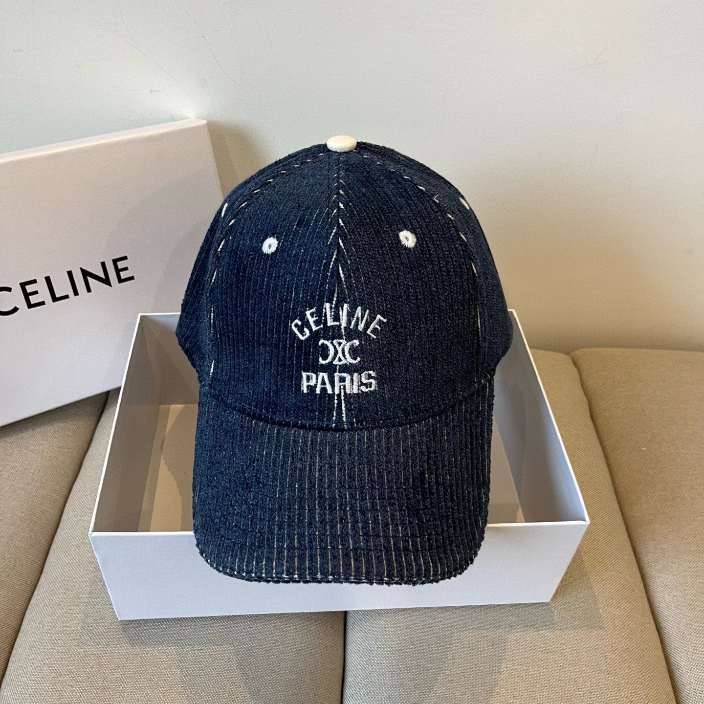 CELINE BASEBALL CAP MODEL 650191 IN NAVY BLUE CORDUROY