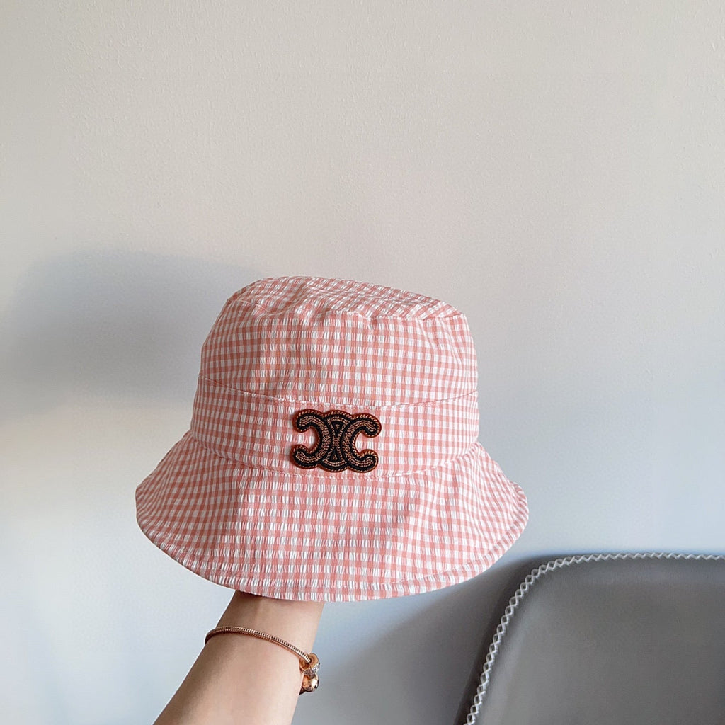 CELINE BUCKET HAT MODEL 652075 IN PINK & WHITE GINGHAM FABRIC