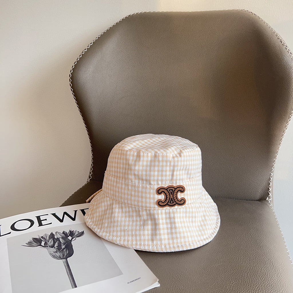 CELINE BUCKET HAT MODEL 652076 IN ORANGE & WHITE GINGHAM FABRIC