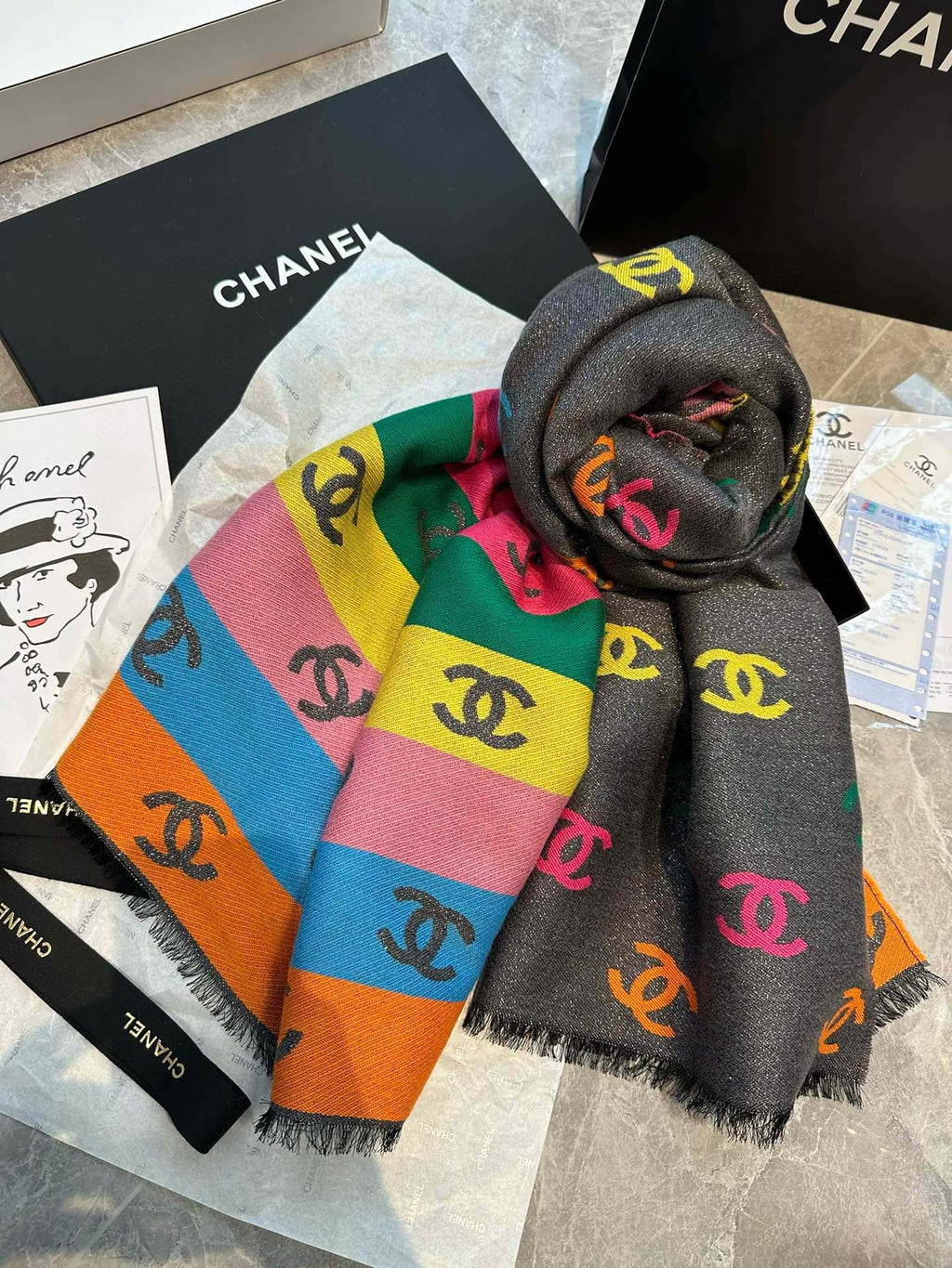 CHANEL RAINBOW SCARF 180 CM IN COLORFUL CASHMERE AND WOOL 401988