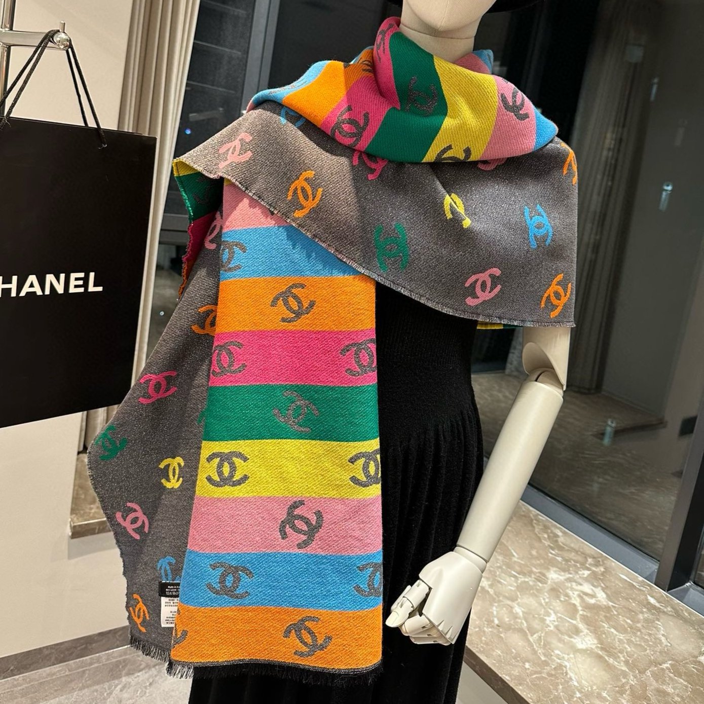 CHANEL RAINBOW SCARF 180 CM IN COLORFUL CASHMERE AND WOOL 401988