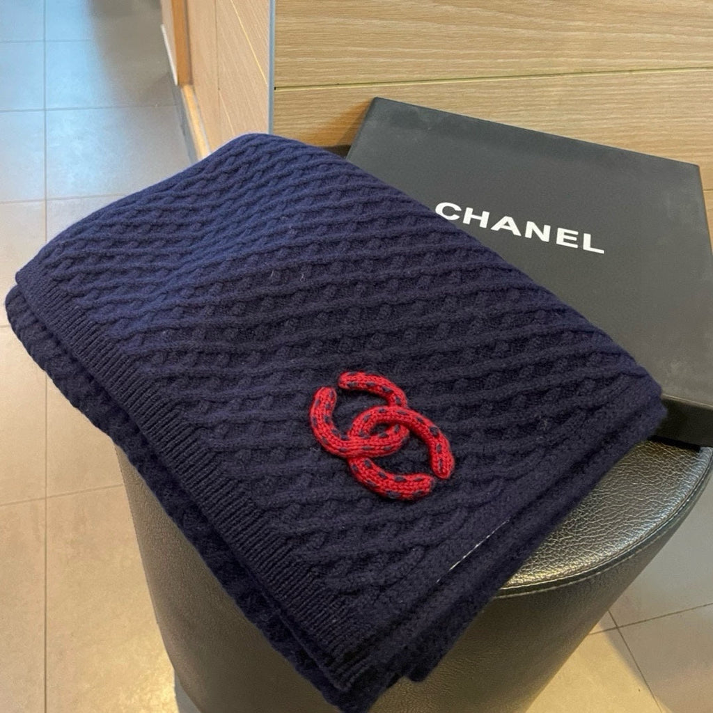 CHANEL SCARF 170 CM IN NAVY BLUE CASHMERE WITH RED LOGO 401991