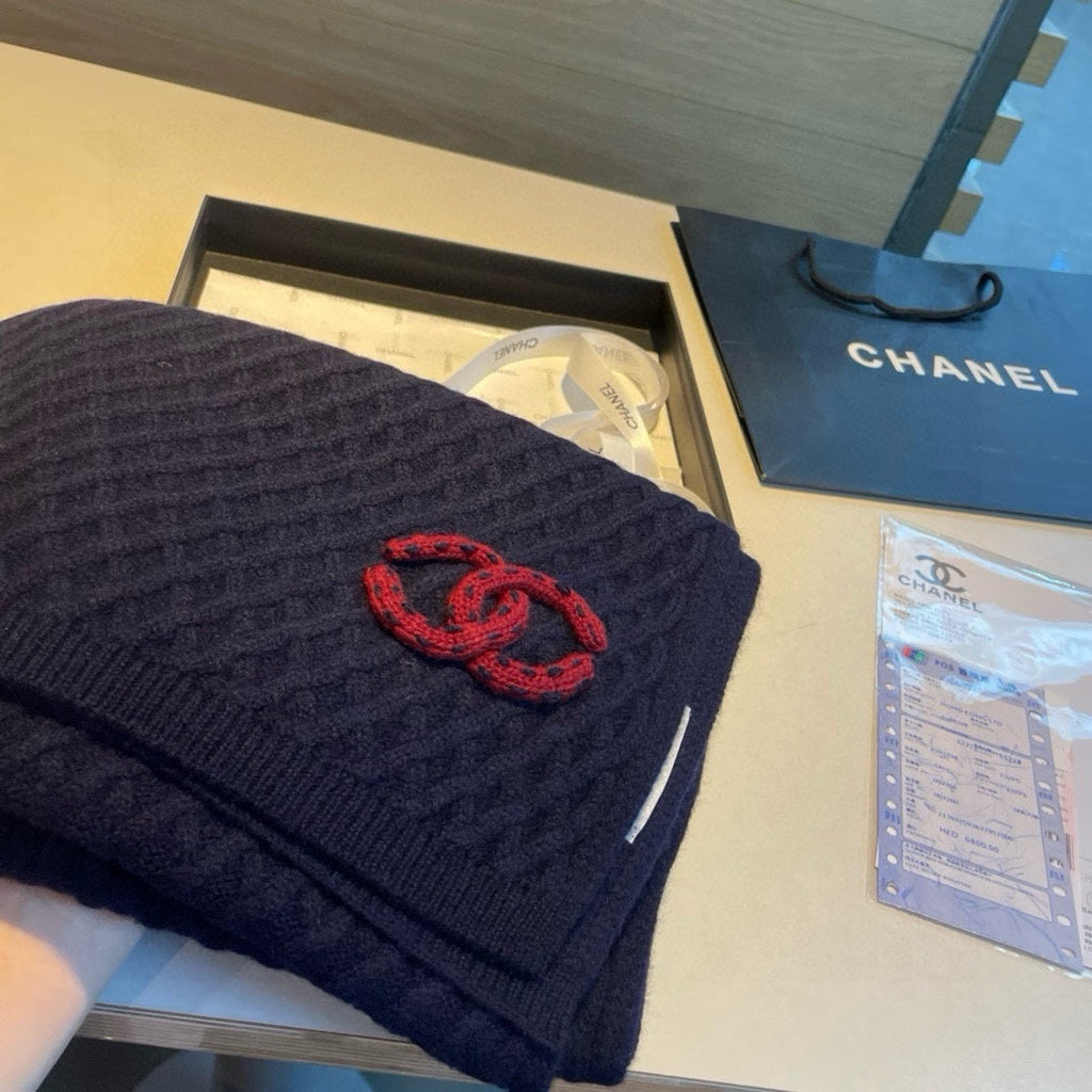 CHANEL SCARF 170 CM IN NAVY BLUE CASHMERE WITH RED LOGO 401991