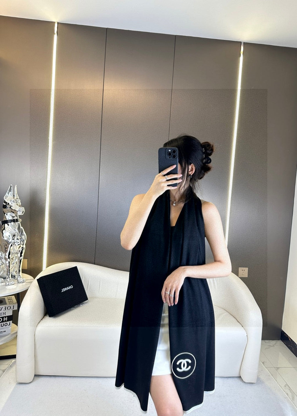 CHANEL LONG SCARF 200 CM IN BLACK CASHMERE AND SILK 396411
